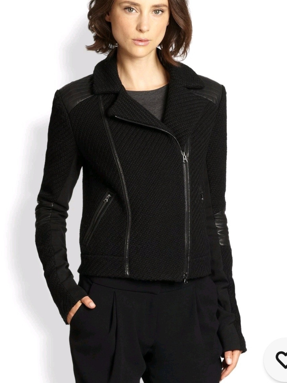 Vince Black Bouclé Wool Quilted Leather-Panel Moto Jacket